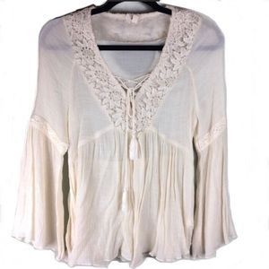 Entro Sheer Bell Sleeve Floral Lace Peasant Top